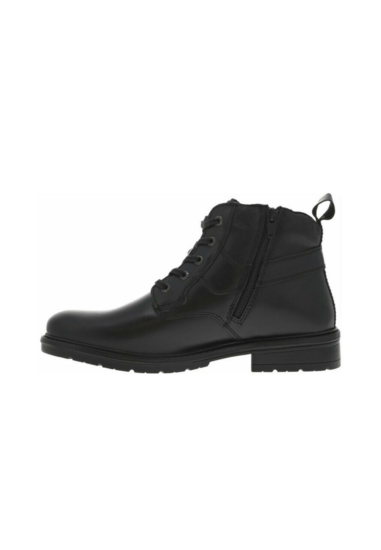 Botas negras hasta el tobillo con un acabado de cuero suave, cordones frontales, cremallera lateral y una suela de goma resistente. Presenta una lengüeta en el talón.