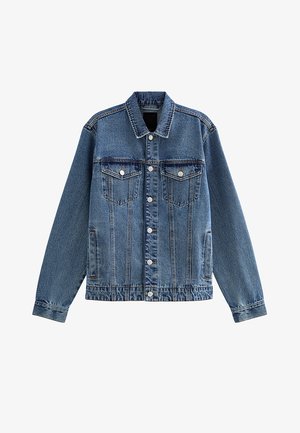 Blaues Jeansjacke mit Knopfleiste vorne, zwei Brustklappentaschen mit Knöpfen und seitlichen Eingrifftaschen, mit langen Ärmeln und klassischem Kragen.