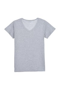 Gray short-sleeve t-shirt made of soft, lightweight fabric. Features a v-neck design and a smooth, even texture without patterns.