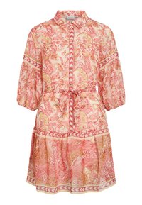 Sart pink paisley kjole med trekvartærmer, knapfront, taljebånd og lagdelt nederdel med mønstrede kanter.
