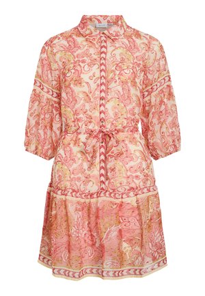 Sheer pink paisley dress with three-quarter sleeves, button front, waist tie, and tiered skirt with patterned trim.