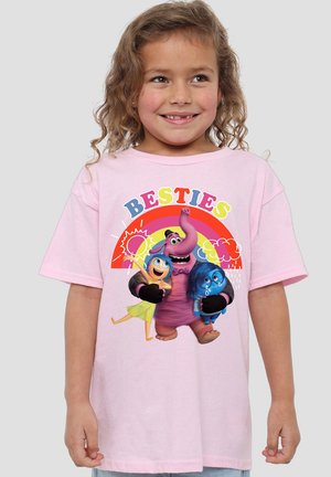 Pink short-sleeve t-shirt featuring a graphic with cartoon characters and the text "BESTIES," on a rainbow background. Soft cotton material.