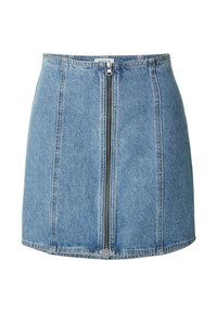 Mini-jupe en denim bleu clair avec une fermeture éclair sur le devant, un design structuré, des coutures verticales et un ourlet droit.