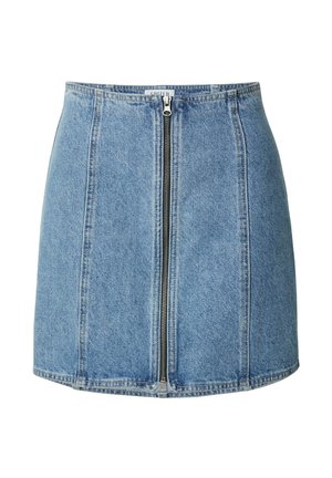 Jeans-Minirock in Hellblau mit einem Reißverschluss vorne, strukturiertem Design, vertikalen Nähten und geradem Saum.