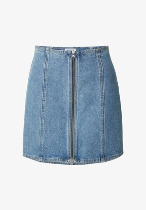 Jeans-Minirock in Hellblau mit einem Reißverschluss vorne, strukturiertem Design, vertikalen Nähten und geradem Saum.