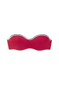 Rde bikini zgornji del bandeau z gladko teksturo, ki ima bele valovite obrobe ob robovih in zgrabe na sredini za obliko.