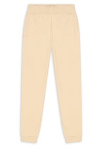 Beige Jogginghosen aus weichem Stoff, mit elastischem Bund, zulaufenden Beinen und seitlichen Reißverschlusstaschen. Glatte Textur mit minimalistischem Design.