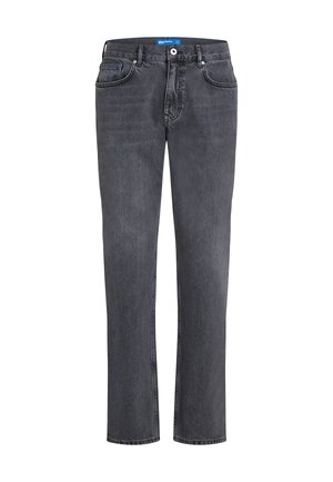 Dunkelgraue Jeans aus Denim mit geradem Bein, fünf Taschen und einem blauen Label am Bund. Verfügt über einen klassischen Knopf- und Reißverschluss.