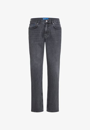 Temno sivi traper hlače s ravnim krojem, petimi žepi in modro oznako na pasu. Imajo klasično zapiranje na gumb in zadrgo.