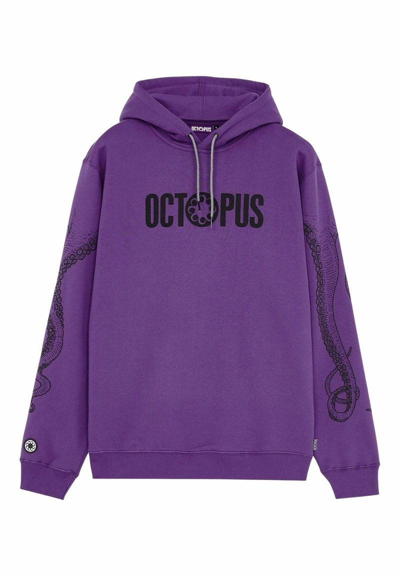 Purple hoodie with black "OCTOPUS" text on the chest and octopus tentacle designs extending along both sleeves.