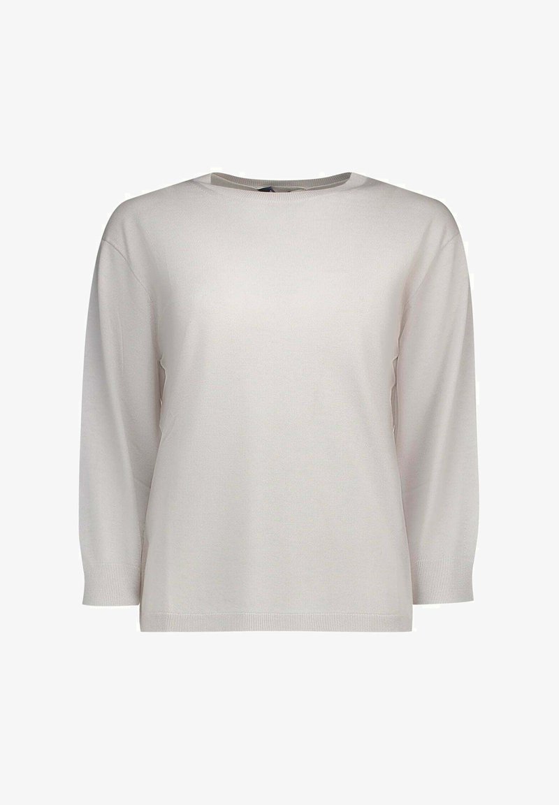 Maglione grigio chiaro a maniche lunghe realizzato in morbido tessuto a maglia. Presenta un collo rotondo e polsini e orlo a coste. Tessuto liscio, vestibilità rilassata.