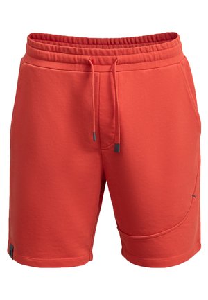Rode katoenen shorts van een katoenmix met een elastische tailleband, trekkoord, zijzakken en een gladde textuur. Heeft een subtiele stikdetail aan de zijkanten.