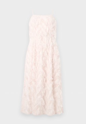 Long pale pink sleeveless dress with spaghetti straps and textured feather-like fabric detailing.