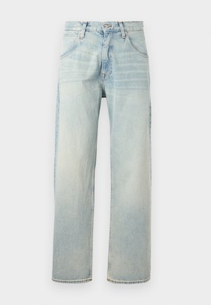 Hellblaue Straight-Leg-Denim-Jeans mit Knopf- und Reißverschluss, Front- und Gesäßtaschen sowie ausgewaschenen Details.