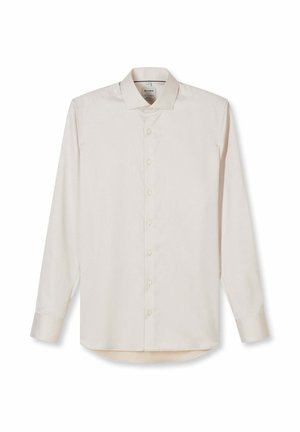 Men’s beige long-sleeve dress shirt with button-front closure, classic collar, and buttoned cuffs, displayed on a white background.