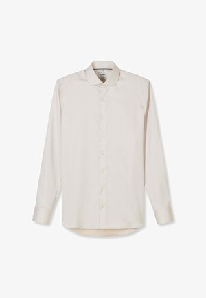 Men’s beige long-sleeve dress shirt with button-front closure, classic collar, and buttoned cuffs, displayed on a white background.