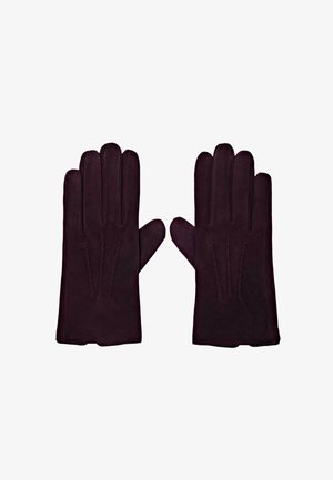 Bordeaux handsker lavet af blødt materiale, med en tætsiddende design med fire fingre, kno-seams og en glat tekstur.