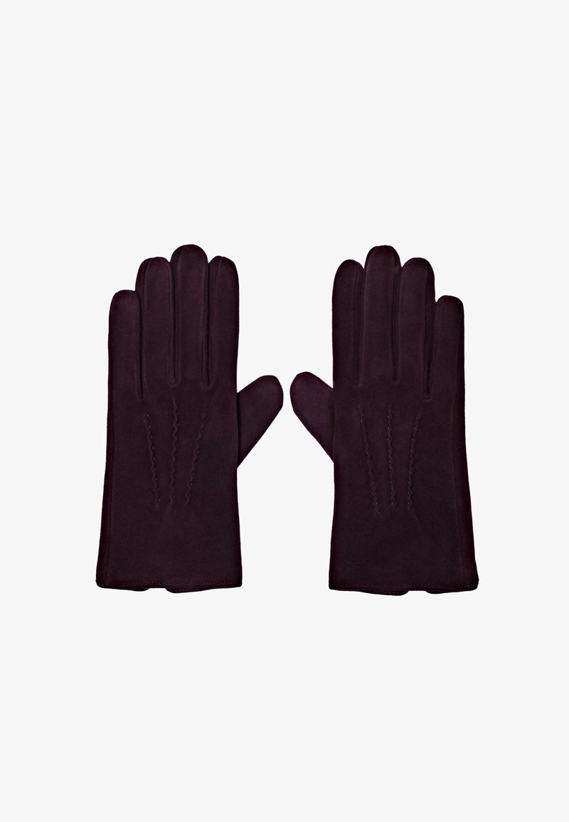 Guanti borgogna realizzati in materiale morbido, caratterizzati da un design aderente con quattro dita, cuciture sulle nocche e una superficie liscia.