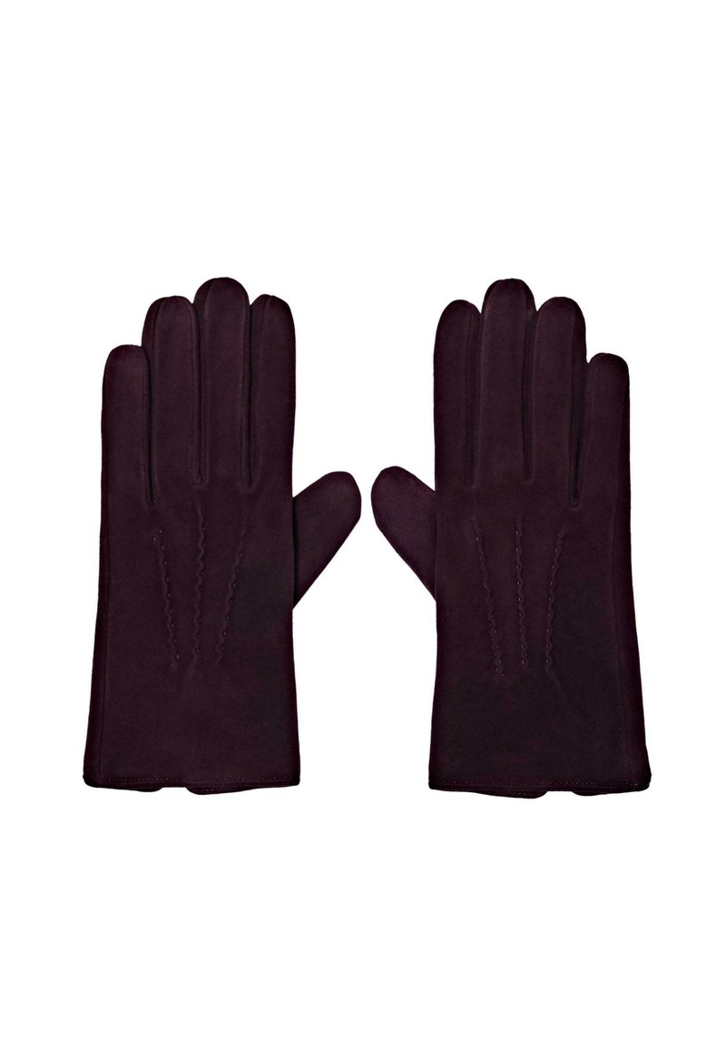 Guanti borgogna realizzati in materiale morbido, caratterizzati da un design aderente con quattro dita, cuciture sulle nocche e una superficie liscia.