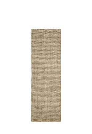 Rectangular beige woven rug with a textured, natural fiber pattern and straight edges on a white background.