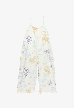 Cremefarvet jumpsuit med vide ben og tynde stropper, med botanisk, maritimt og skriftskrifttryk i pastelblå, gul, lyserød og lilla toner.