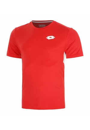 Maglietta sportiva rossa a maniche corte con collo rotondo e piccolo logo bianco Lotto sul petto sinistro.