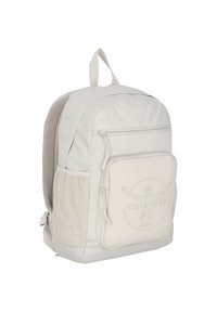 Zaino grigio chiaro con forma arrotondata, tasche laterali in rete, tasca anteriore con zip e dettagli del logo in rilievo sul pannello frontale inferiore.