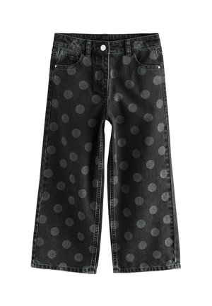 Bredbyxor i svart denim med gråa prickar, med knappstängning, bälteshällor och vanliga fram- och bakfickor.