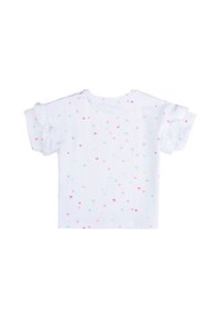 T-shirt bianco a maniche corte con pois colorati in rosa, giallo e verde; dettagli a volant sulle maniche; vestibilità comoda.