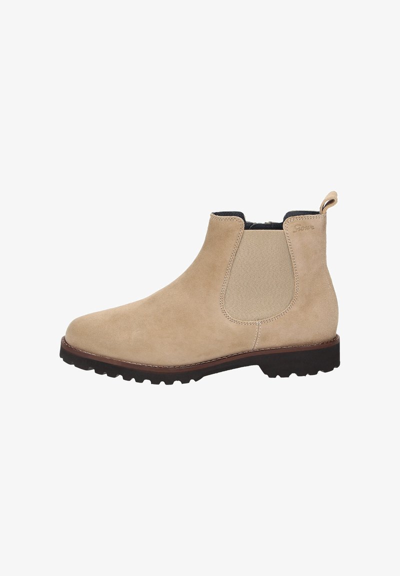 Beige Wildleder-Ankle Boots mit elastischen Seitenpaneelen, runder Zehenpartie und strukturiertem Gummisohle. Verfügt über eine Fersenlasche für ein einfaches An- und Ausziehen.