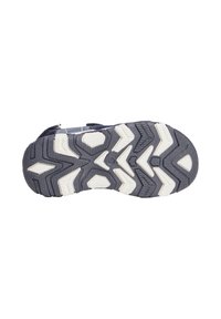 Suola di scarpa blu scuro con accenti in gomma bianca, caratterizzata da un motivo di grip testurizzato e un design a zigzag per trazione e stabilità.