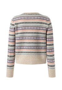 Gestrickter Pullover in hellem Beige mit mehrfarbigen horizontalen Streifen. Verfügt über einen gerippten Saum und Ärmelbündchen sowie einen runden Halsausschnitt. Design mit langen Ärmeln.