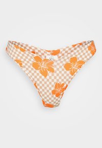 Kvetinové spodné diely bikín v rôznych farbách, s oranžovým kvetinovým vzorom na béžovom károvanom pozadí. Vyrobené z hladkého, elastického materiálu.
