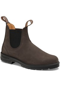 Stivali Chelsea in pelle marrone con pannelli laterali elasticizzati, linguette a spirale e suola in gomma testurizzata. Finitura liscia e design a punta arrotondata.