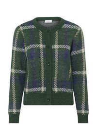 Vihreä neulejacke, jossa on sininen, valkoinen ja beige suuri ruutukuosi, pyöreä kaula-aukko, pitkät hihat ja etunappi kiinnitys.