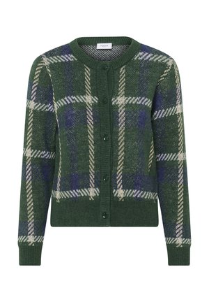 Green cardigan with blue, white, and beige large plaid pattern, round neckline, long sleeves, and front button closure.