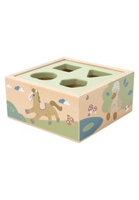 Wooden shape sorter box with green lid and cutouts. Features animal illustrations, including a horse and duck, with colorful details and patterns.