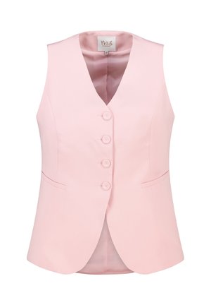 Gilet sans manches rose clair avec un col en V, cinq boutons à l'avant et deux poches latérales. Fabriqué en tissu lisse avec une coupe ajustée.