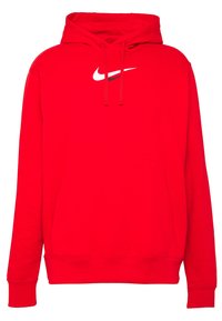 Röd huvtröja i mjukt material med en vit Nike-logga och svarta detaljer på bröstet; inkluderar en framficka och dragsnören.