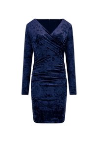 Mörkblå sammetklänning med långt ärm, V-ringning och rynkade detaljer på sidan. Avslutad med en dold dragkedja på baksidan.