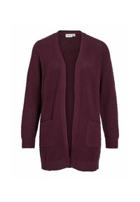 Burgunderfarbener Strickcardigan mit offenem Vorderteil, langen Ärmeln und zwei Fronttaschen. Verfügt über ein strukturiertes Muster und gerippte Bündchen.