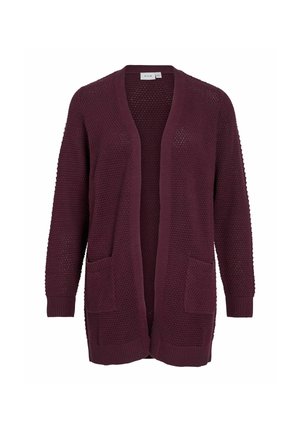 Cardigan en tricot bourgogne avec un devant ouvert, des manches longues et deux poches avant. Présente un motif texturé et des poignets côtes.