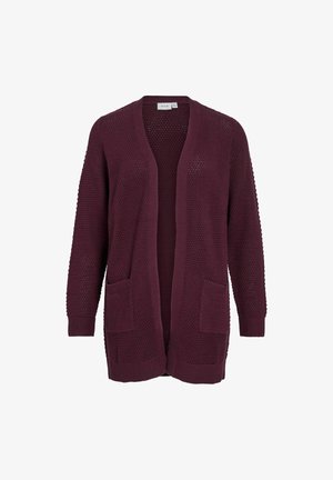 Burgundi spalvos megztinis su atvira priekiu, ilgomis rankovėmis ir dviem priekinėmis kišenėmis. Yra tekstūruotas raštas ir raukšlėti rankogaliai.