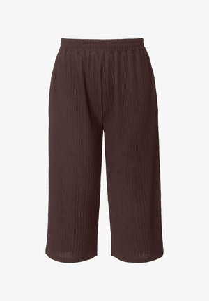 Pantalon marron coupe large et courte avec taille élastique et rayures verticales texturées sur le tissu.