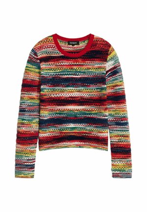 Suéter de punto de manga larga con rayas horizontales multicolor en rojo, amarillo, verde, azul y blanco, con un cuello redondo rojo.