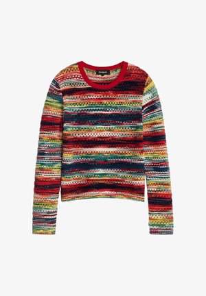 Suéter de punto de manga larga con rayas horizontales multicolor en rojo, amarillo, verde, azul y blanco, con un cuello redondo rojo.