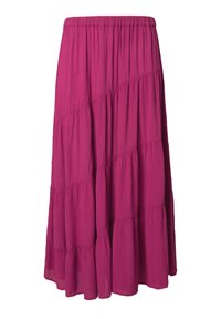 Fuchsia Maxikleid mit schichtartigem Design und elastischem Bund. Aus leichtem, strukturiertem Stoff mit ausgestelltem Saum gefertigt.