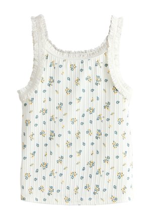 Hvid ribstrikket ærmeløs top med små blå og gule blomsterprint og blonder trim på skulderstropper og halsudskæring.
