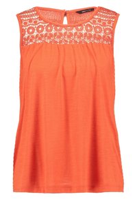 Pomarańczowy top bez rękawów z teksturowanym koronkowym wykończeniem przy dekolcie, z rozcięciem na plecach i luźnym krojem. Miękki materiał.