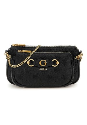 Pochette noire Guess à double fermeture éclair avec bandoulière chaîne dorée, ferrures dorées, motif logo embossé et emblème "G" central.